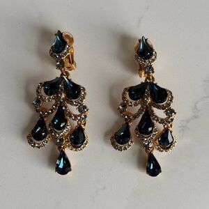 Oscar De La Renta Gold and Blue Chandelier Crystal Earrings clip on